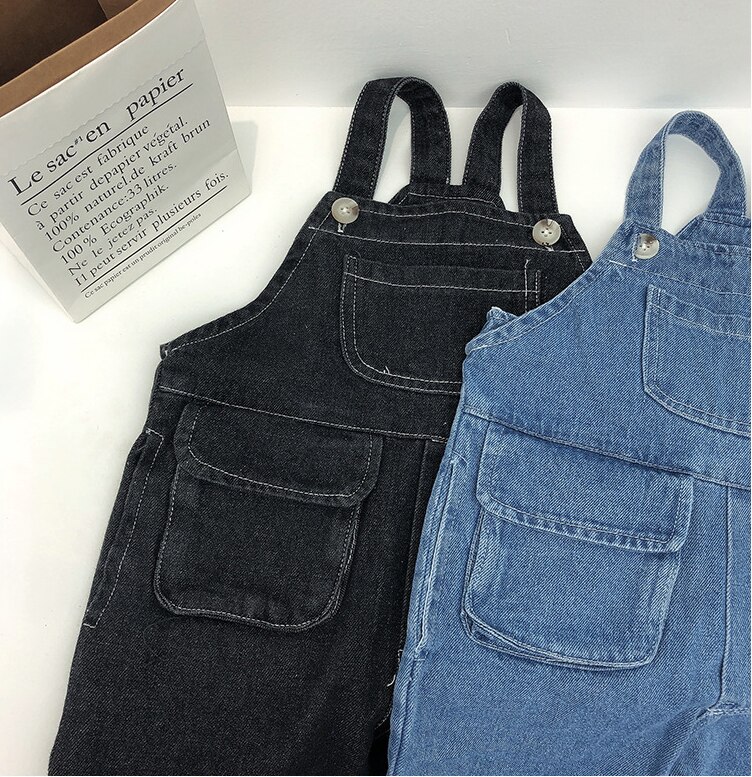 Jongens Meisjes Koreaanse Stijl Losse Denim Cargo Overalls 2 Kleuren Oversized Diepe Hak Pocket Bib Broek