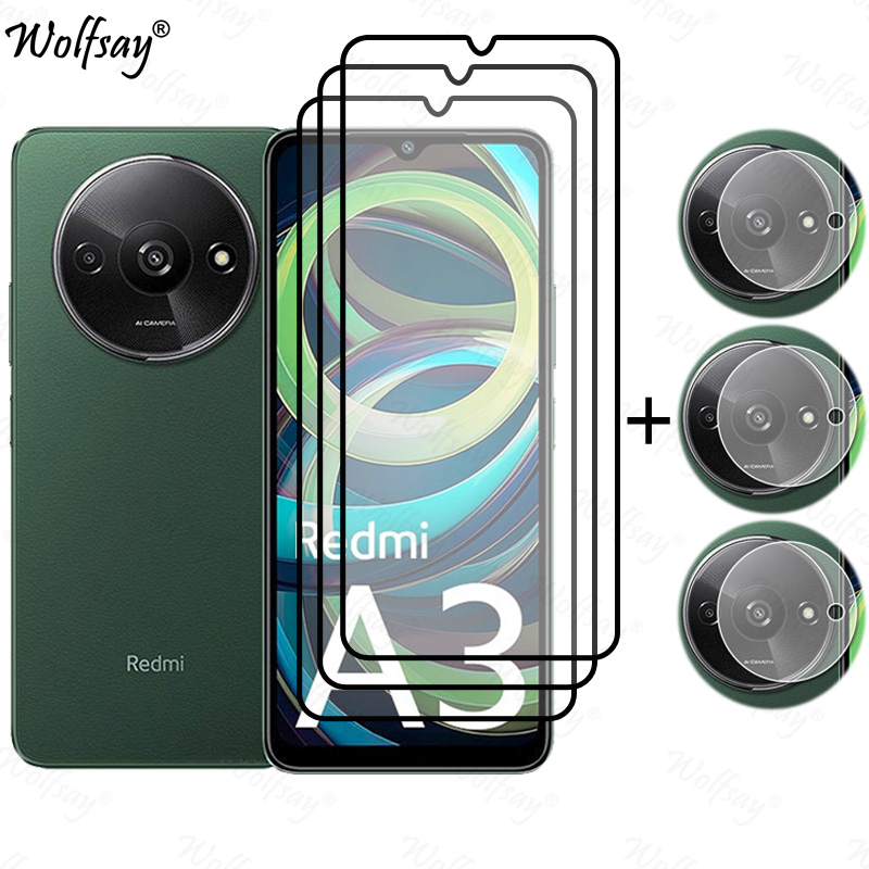 Pegamento de cubierta completa de vidrio templado para Xiaomi Redmi A3, Protector de pantalla para Redmi A3 A 3, cristal de cámara para Redmi A3, vidrio de 6,71 pulgadas: Lucent