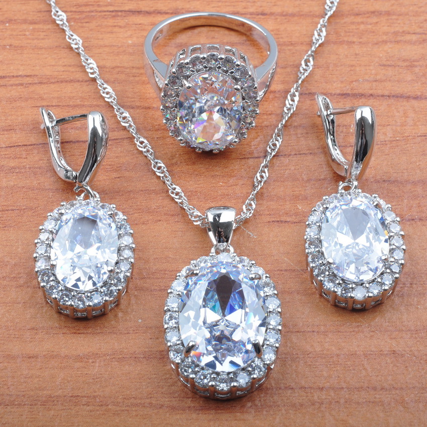 Zilver Kleur Sieraden Sets Bruiloft Set Mode Witte Zirconia Engagement Sieraden Oorbellen Ketting Ringen JS0463