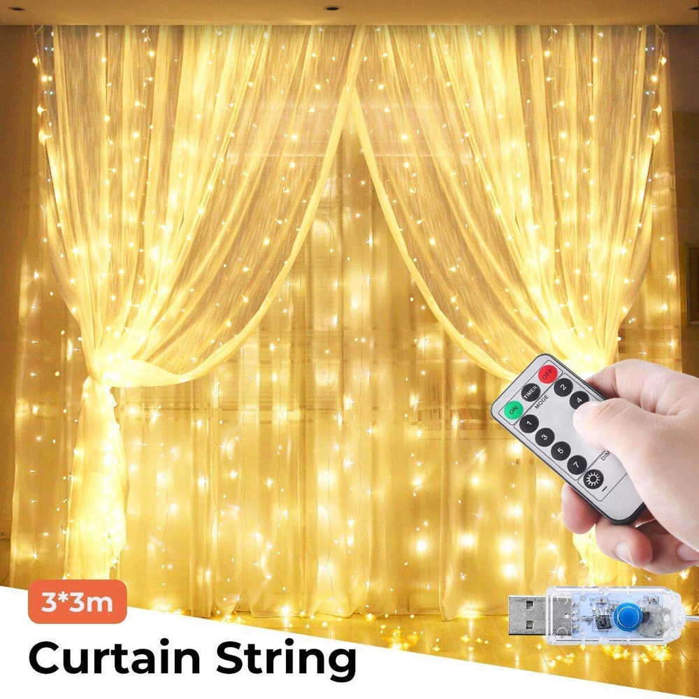 Christmas Light 3X3M Led Icicle Curtain Fairy Lights Garland For Wedding Home Window Party USB Remote Year Xmas Decor: warm white / 3M x 3M