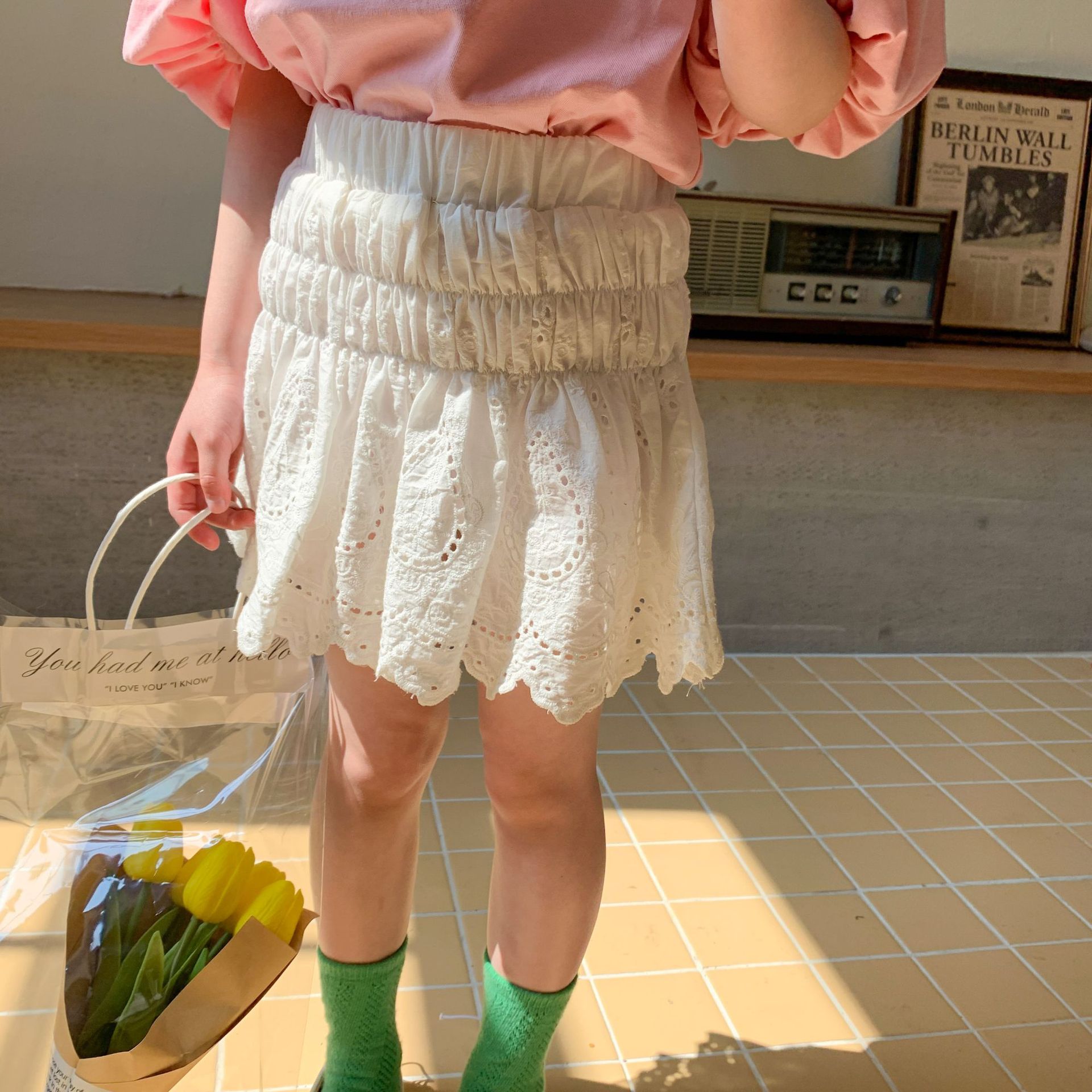 Deer jonmi 2022 Summer Baby Girls gonne bianche in cotone scava fuori gonne a pieghe per bambini in stile coreano