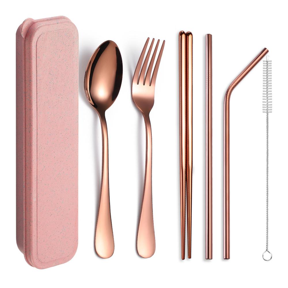 Food Grade 304 Stainless Steel Cutlery Set Silverware with Metal Straw Knife Fork Spoon Chopsticks 8Pcs Portable Travel Flatware: 7pcs rose gold set