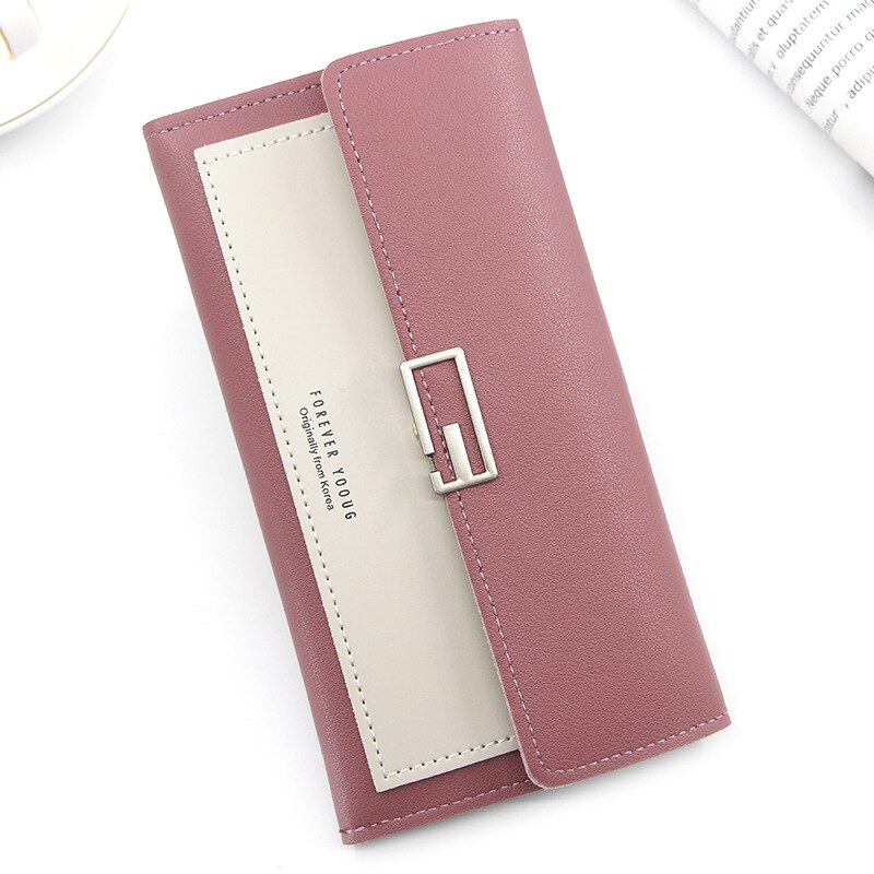 Style Long Korean Style Women's Wallet Simple Clutch Bag Tri-Fold Multi-Function Buckle Multi-Card Position Change Wallet: purple red