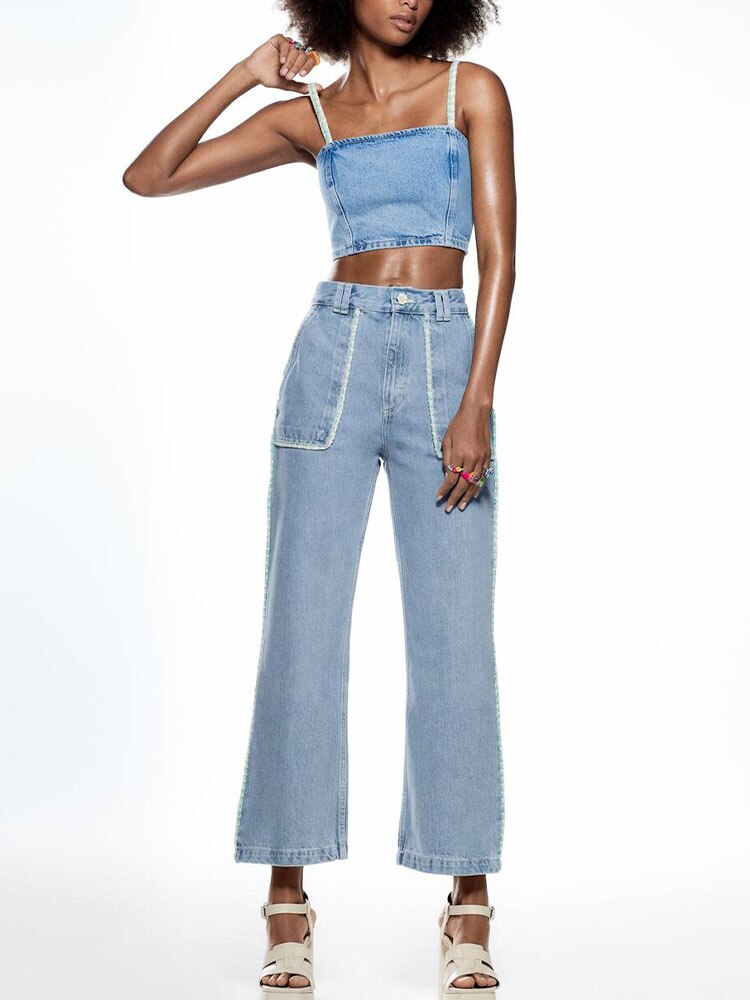 Voorjaar Vrouwen Mode Retro Alle-Wedstrijd Hoge Taille Dunne Losse Ongedwongen Pocket Wijde Pijpen Contrast Stiksels jeans
