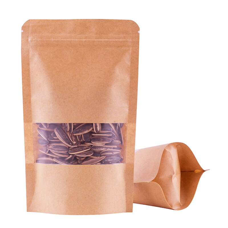 50pcs Kraft Paper Bags Zip Lock Brown With Window Stand Up Resealable Grip Ziplock Pouches Tea Coffee Bean Candy Packaging Food