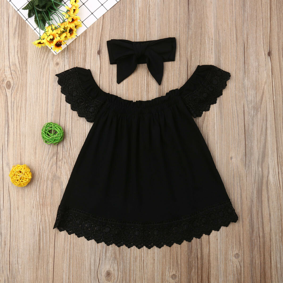 Baby Summer Clothing Kids Baby Girls 1-6Y Clothes Sets Lace Solid Off-Shoulder A-Line Dress Headband 2pcs Princess Gown