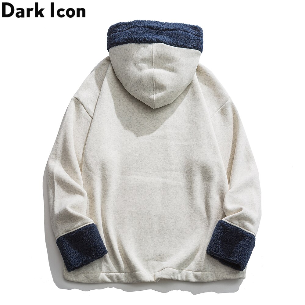 Dark Icon Sherpa Patchwork Hoodie Men Women Front Pocket Hooded Sweatshirts Man Preppy Style Students Hoodies