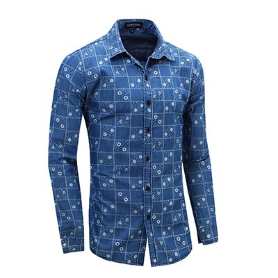 Jeansskjorta herrskjortor manliga långärmade jeans randiga och rutiga skjortor klassiska lediga prickiga toppar: Mönster blått / Us storlek xxl