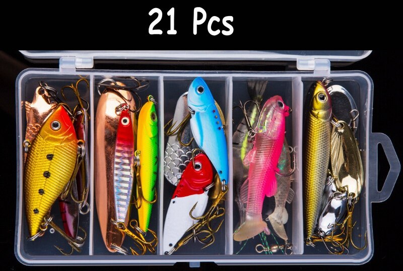 Multi fiskeri lokkesæt spinner crankbait minnow popper vib blød hård ske crank lokkemad fiskekroge tilbehør til redskabsboks: 21 stk-i