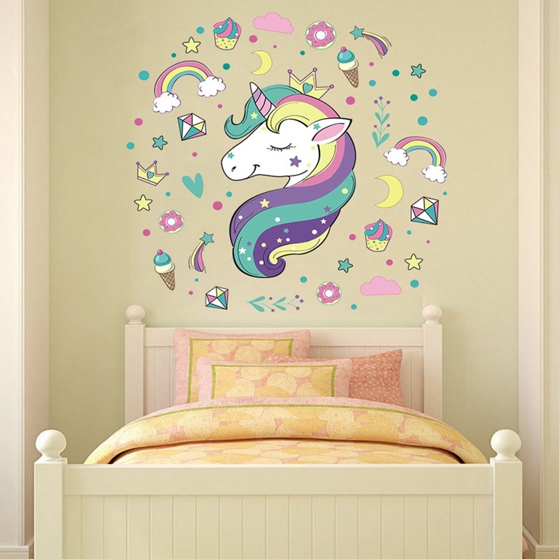 Eenhoorn Cartoon Muurstickers Verwijderbare Meisjes Kids Kinderkamer Decor Voor Thuis Decoraties