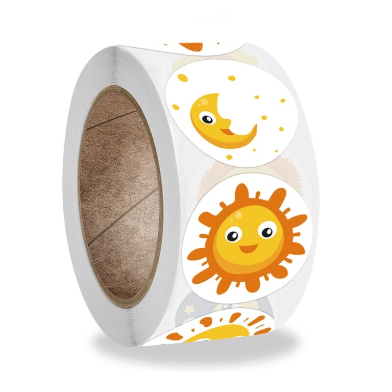 500Pcs/Roll 8 Styles Round Cartoon Sun Smiley Kids Reward Stickers Labels U7EE