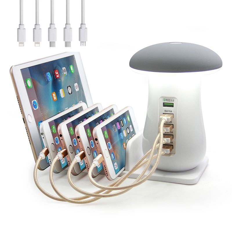 Flere usb telefonlader sopp nattlampe lading 5 porter stasjon stå dock  qc 3.0 hurtiglader til mobiltelefon nettbrett