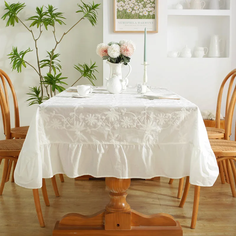 Baumwoll-Tischdecke mit Rüschen für Hochzeit, Zuhause, Party, Esszimmer, Bankett, Dekoration, Blumenstickerei, aufbringen, Teetischschutz, 자 Sverd Como: Gelb / 80*120cm
