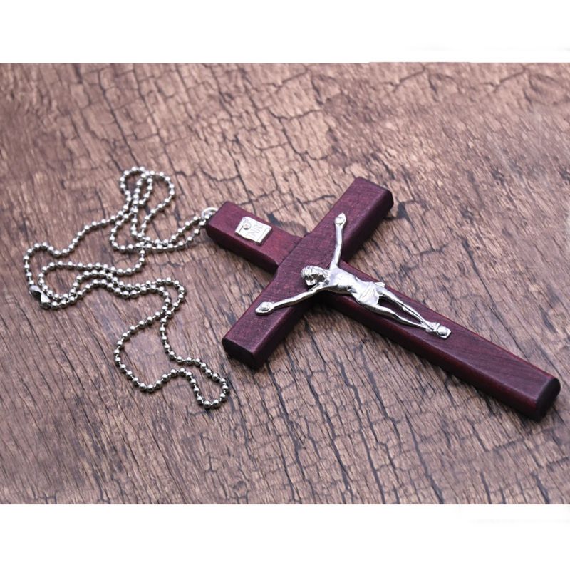 Collar Cruz religiosa de Jesús de madera de primera , colgante crucifijo cristiano con cadena de joyería, para hombres