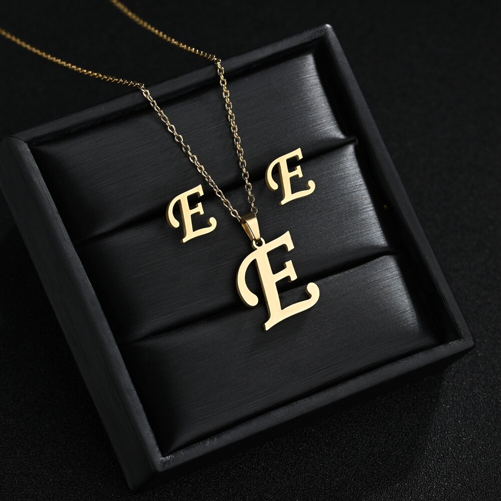 A-Z Edelstahl Ersten Halskette Und Ohrringe Schmuck Sets Alphabet Anhänger Kette Brief Zubehör: E