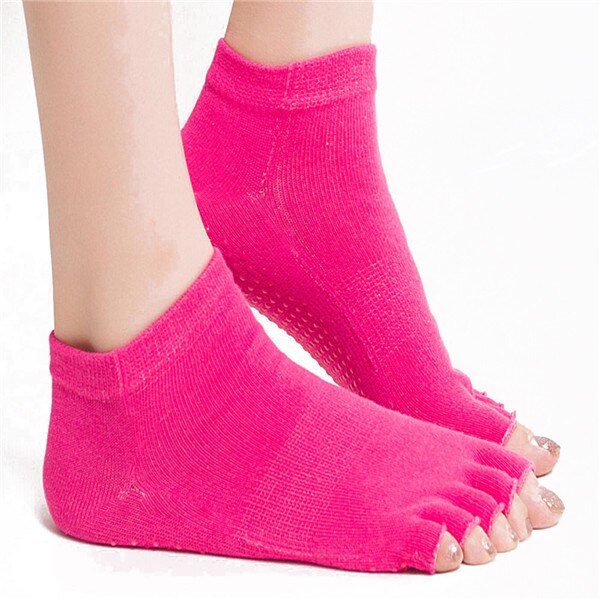 1 par skridsikker åben tå kigge tå yoga sokker kvinder skridsikker silikone halv fem fingre toeless yogasokker bomuld sokker sommer: Rosenrød