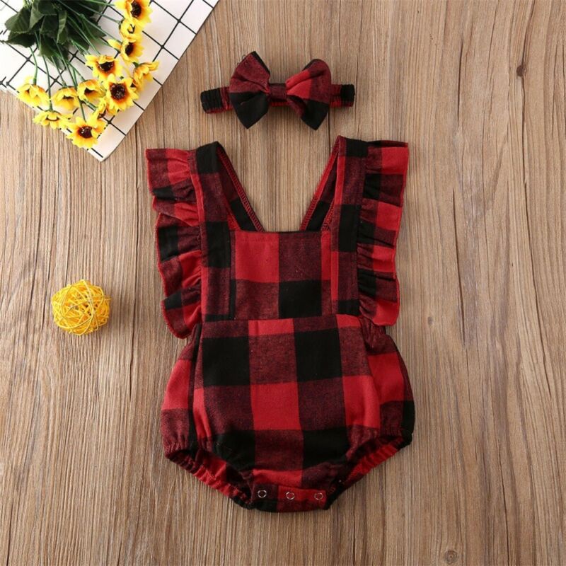 0-18m nyfødte baby drenge pige rompers jule plaid print jumpsuits pandebånd outfit julesæt