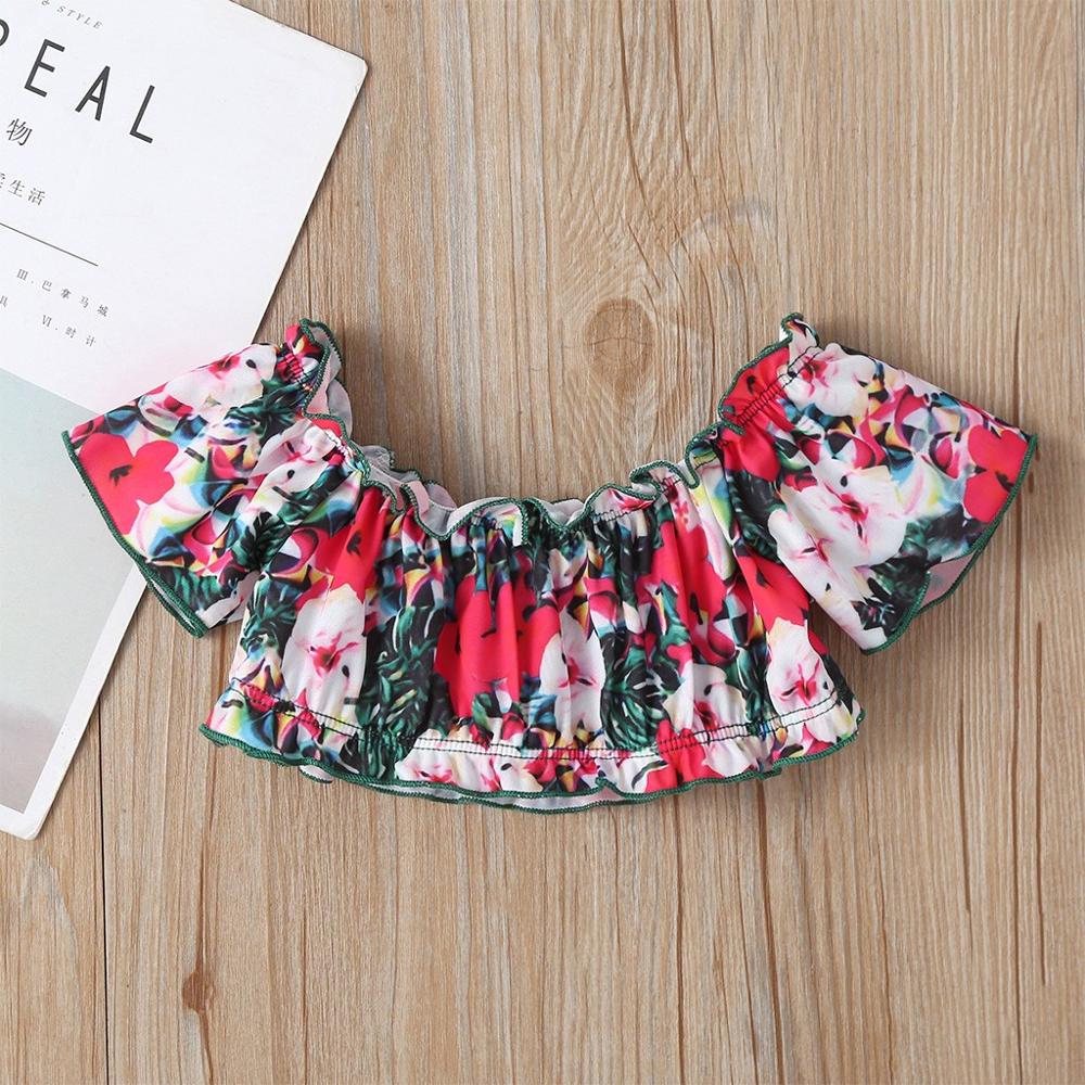 Floral Print Sleeveless Two Piece Swimwear for Girls Summer Beachwear Printing Off Shoulder Ruffle Swimsuit B2