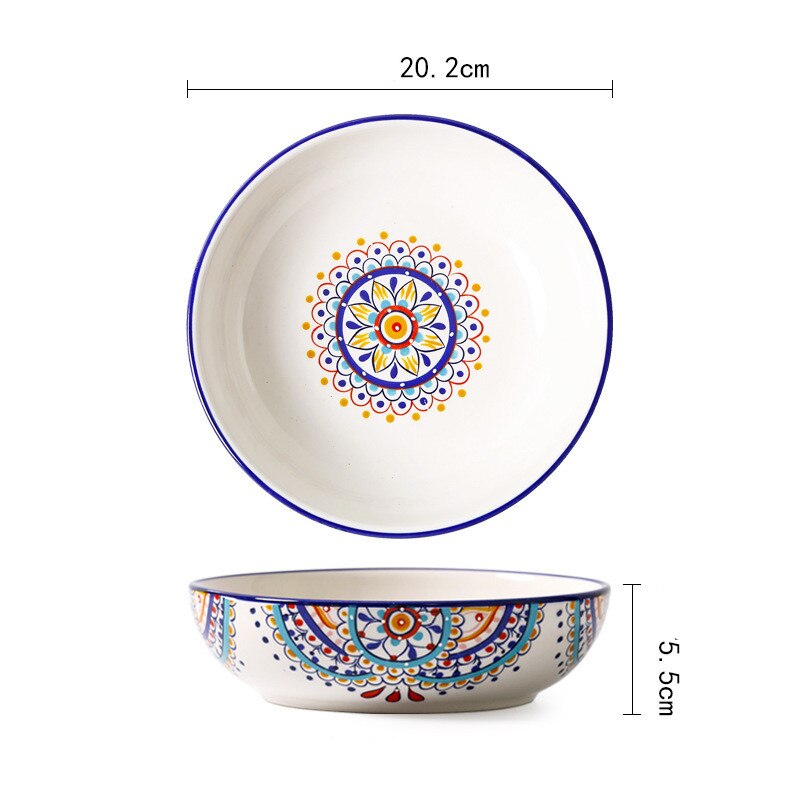 Mediterranean Geometric Pattern Plate Set Bowl Combination Ceramic Home Western Dish Dish Fruit Dessert Snack Cake Plate: E