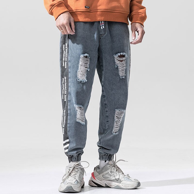 Herre ripped jeans bukser smukt tryk patchwork stribe huller punk streetwear jeans mænd denim bukser plus str. 5xl: Lyseblå / L
