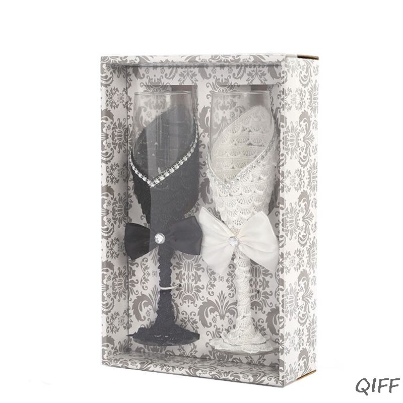 2 st set bröllopsglas svart vit klänning kristall bröllop champagneglas