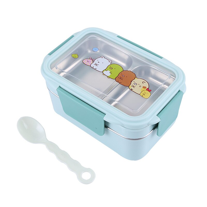 Draagbare Roestvrij Staal Lunchbox Dubbele Laag Cartoon Voedsel Container Doos Magnetron Bento Box Voor Kinderen Kinderen Picknick School