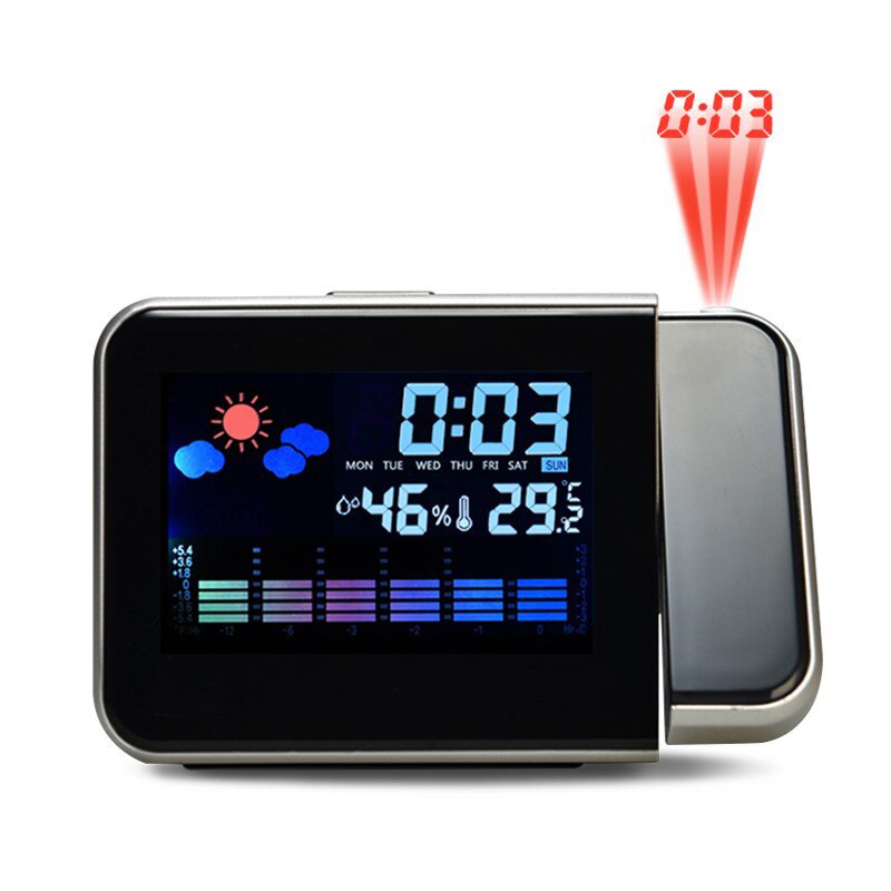 Led väckarklocka temperatur termometer skrivbord tid datum led display projektor kalenderdisplay heminredning klocka: Svart
