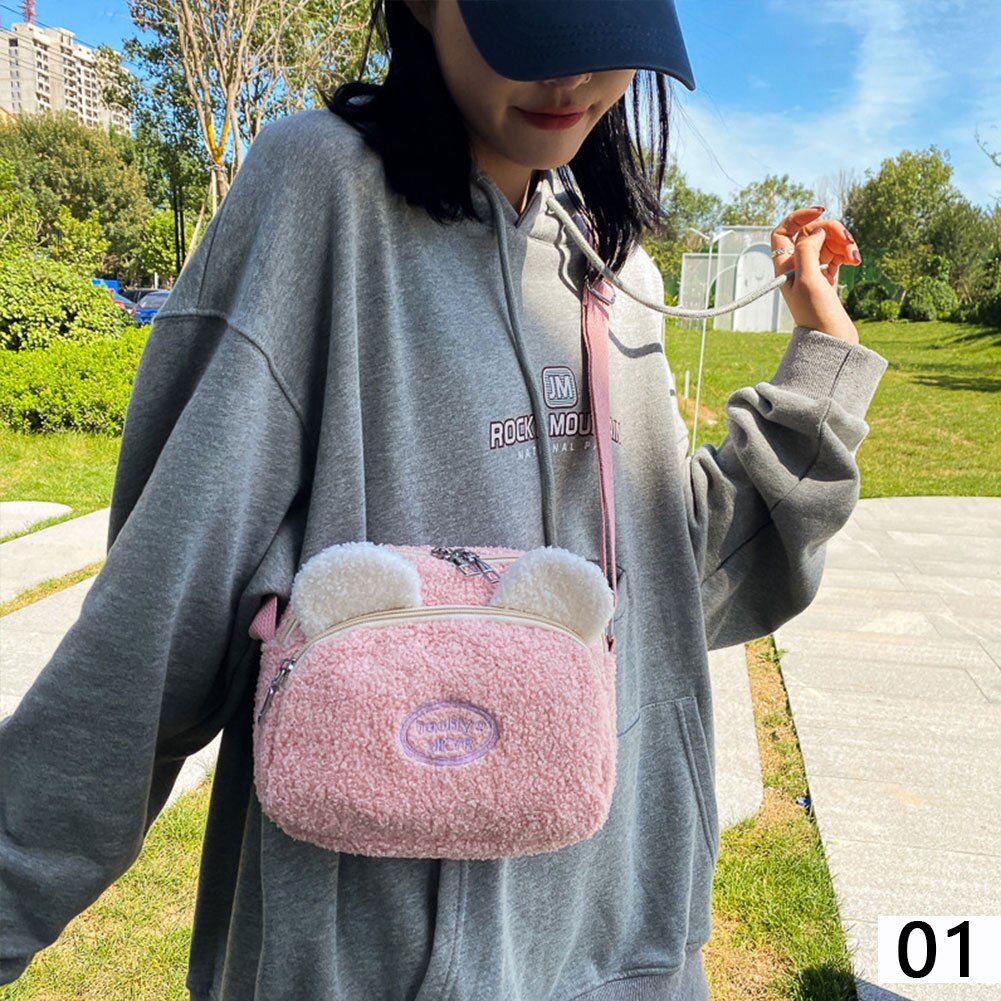 Nowy przyjazd dzieci śliczne pluszowy królik retro kontrast portmonetki mini kreskówka portfel dziewczyny torba na ramię: Różowy