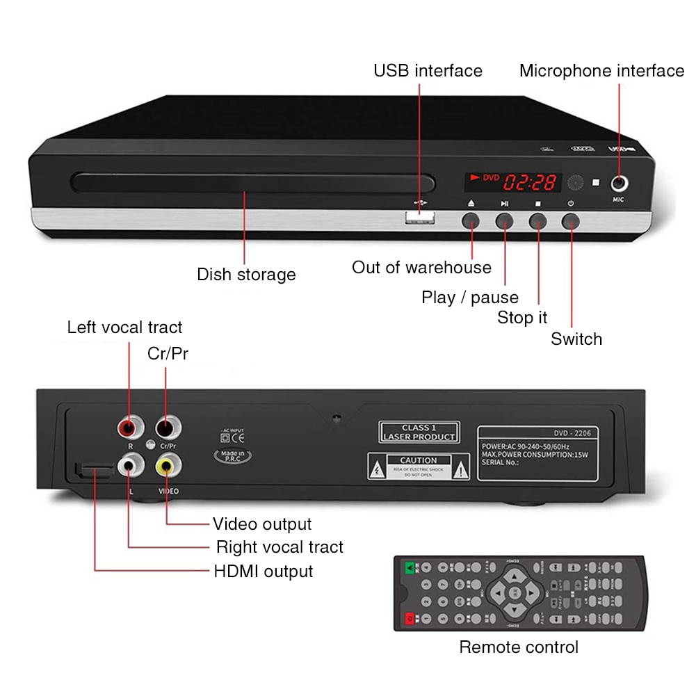 For TV Karaoke Easy Install USB HD DVD Player US Plug Remote Control VCD MIC Input Multi Format Metal CD HDMI-Compatible