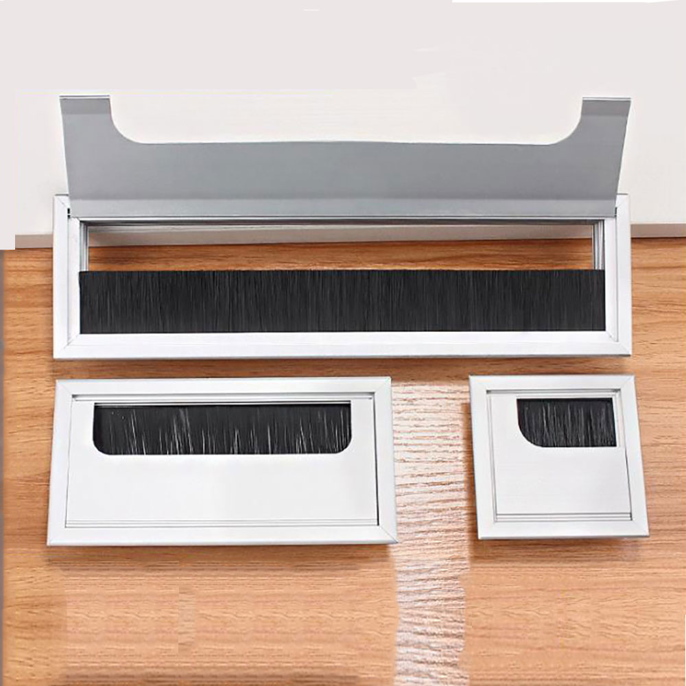 1PC Aluminum Alloy PC Desk Rectangle Wire Cable Office Table Hole Cover Outlet Port with Black Brush Cable Organizer