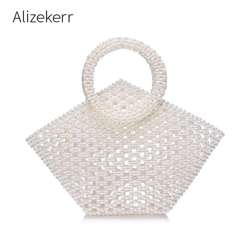 Hollow Out Pearl Handbag Women Luxury Hand Woven Top Handle Big Pentagon Tote Evening Clutch Bags Female Exquisite Dinner Bag