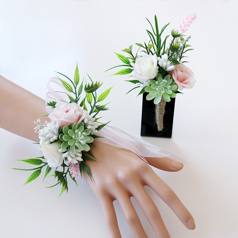 Beauté fraîche mariage rose poignet Corsages main fleur artificielle mariées demoiselle d'honneur poignet fleurs meilleurs hommes boutonnière ZHF02