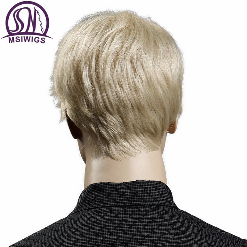 Msiwigs Korte Blonde Man Synthetische Pruiken Amerikaanse Europese 6 Inch Rechte Mannen Pruik Met Gratis Haar Cap Hittebestendige