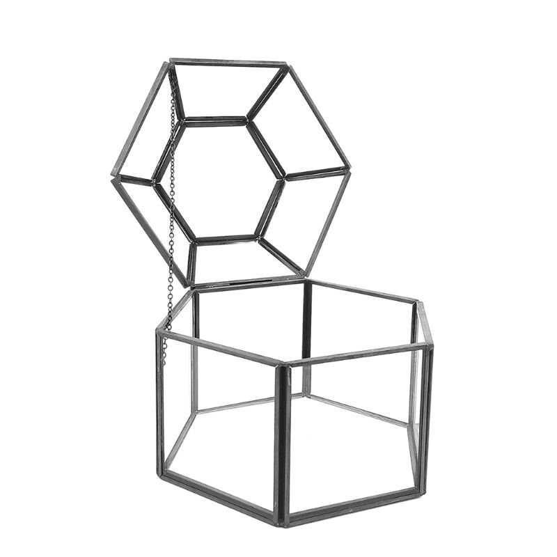 Clear Glass Hexagonal Jewelry Box with Lid, Hinged Top Lid Terrarium Jewellery Display Storage Organizer, Box Tabletop Display