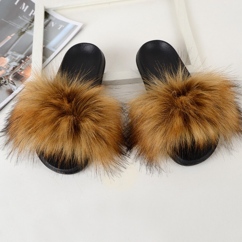 Imitatie Vossenbont Slippers Faux Furry Fluffy Slippers Vrouwen Slides Sandalen Indoor Schoenen Voor Vrouwelijke Slip Op Slippers d30: Bruin / US 6-7