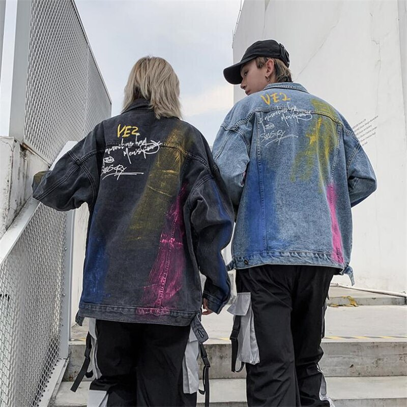 Rainbow Graffiti Vlam Print Denim Jassen Streetwear Hip Hop Casual Bomber Jean Jacket Jassen Tops Blauw Zwart
