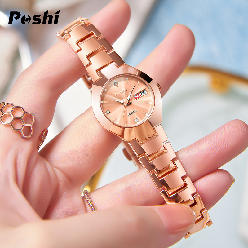 Swiss poshi women's watch, stainless steel, simple, waterproof, luminous with date, week, quartz watch, elegant bracelet as