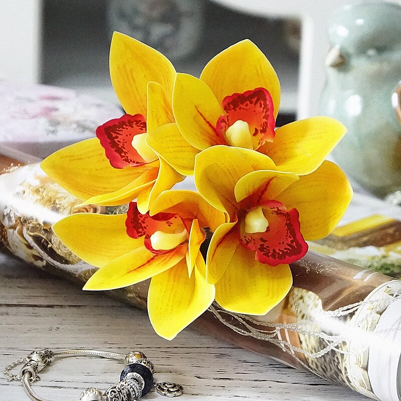 Ramo de novia de orquídeas blancas, flores artificiales de látex, álbum de recortes DIY, Decoración de casa, 4 Uds. Por paquete: yellow