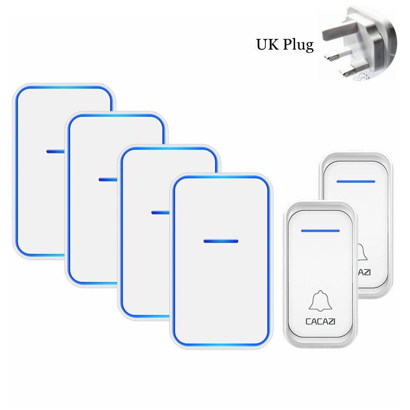 Cacazi trådlös dörrklocka vattentät 2 knappar 4 mottagare us eu uk au plug 300m remote home välkomst trådlös dörrklocka: Vit 2 x 4 uk