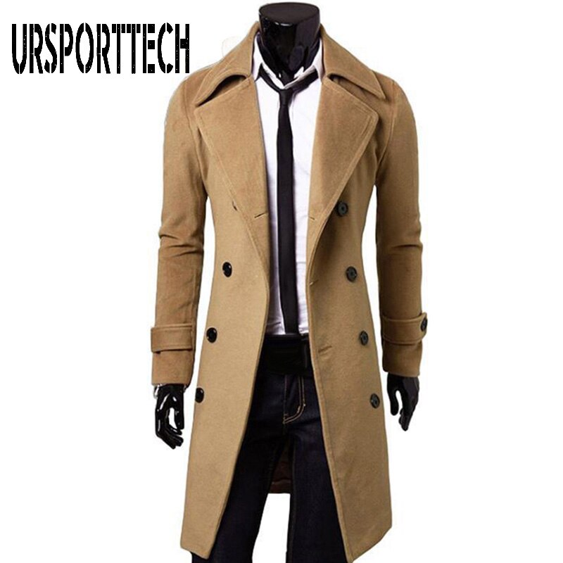 URSPORTTECH-abrigo de lana a la para hombre, gabardina larga cálida de color sólido, abrigo de lana informal de negocios con botonadura