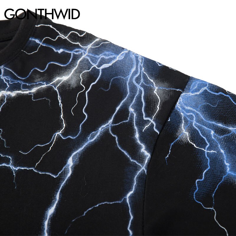 GONTHWID Hip Hop Lightning Print Short Sleeve T Shirts Streetwear Hipster Casual Punk Rock Tees Shirts Harajuku Men Tops