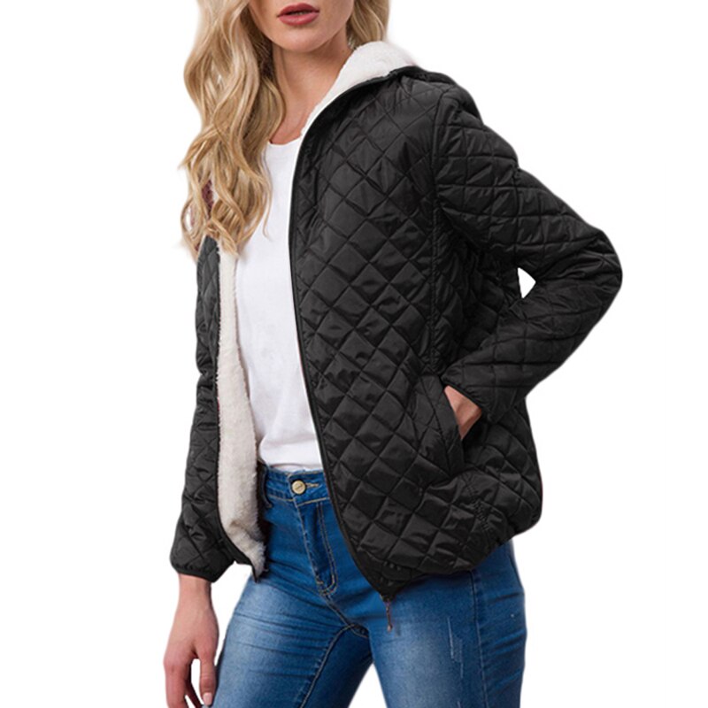 Automne Parkas basique vestes femme femmes hiver Plus velours agneau à capuche manteaux coton hiver veste femmes vêtements d'extérieur manteau: Black / XL
