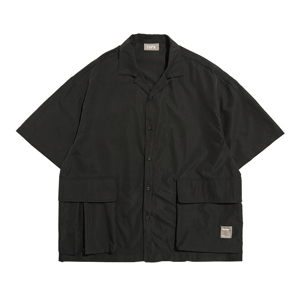 Effen Kleur Korte Mouwen Shirt Heren Safari Stijl Revers Shirts Zomer Amekaji Casual Losse Half Mouwen Mannen: Black / M