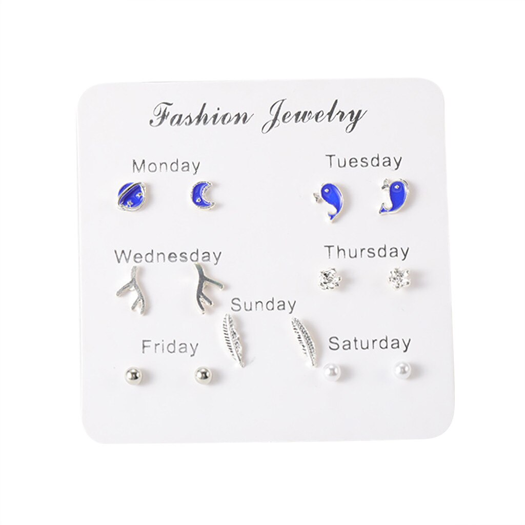 Women Heart Star Mini Earrings Set Girl Small Jewelry Square Leaf Pearl 6-pairs Stud Earring Sets Lady Mini Jewelry: C