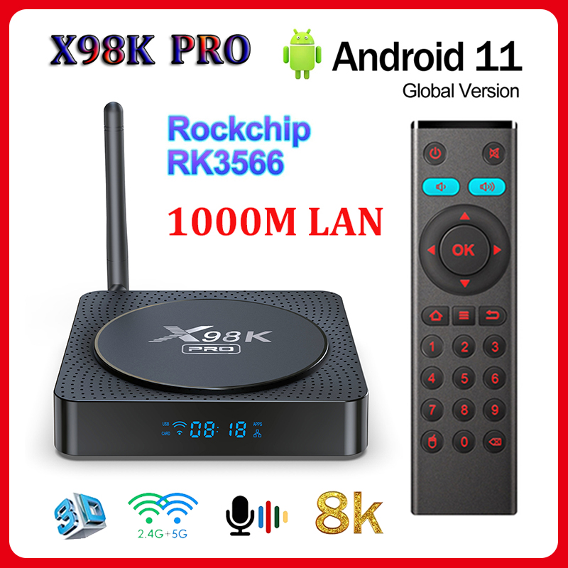 X98K Pro TV Box Android 11.0 Rockchip RK3566 4GB 32GB BT Decodificação Antena Externa Dual Wifi 1000M LAN 4K 8K Media Player