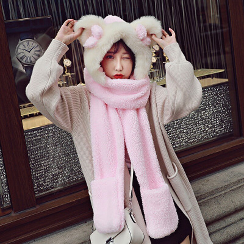 Foux Bomber Hats Women Kids Parent Child Winter Bear Ears Russian Cap Scarf Neck Gloves Snow Warm Baby Boy Girl Ushanka Trooper: Pink