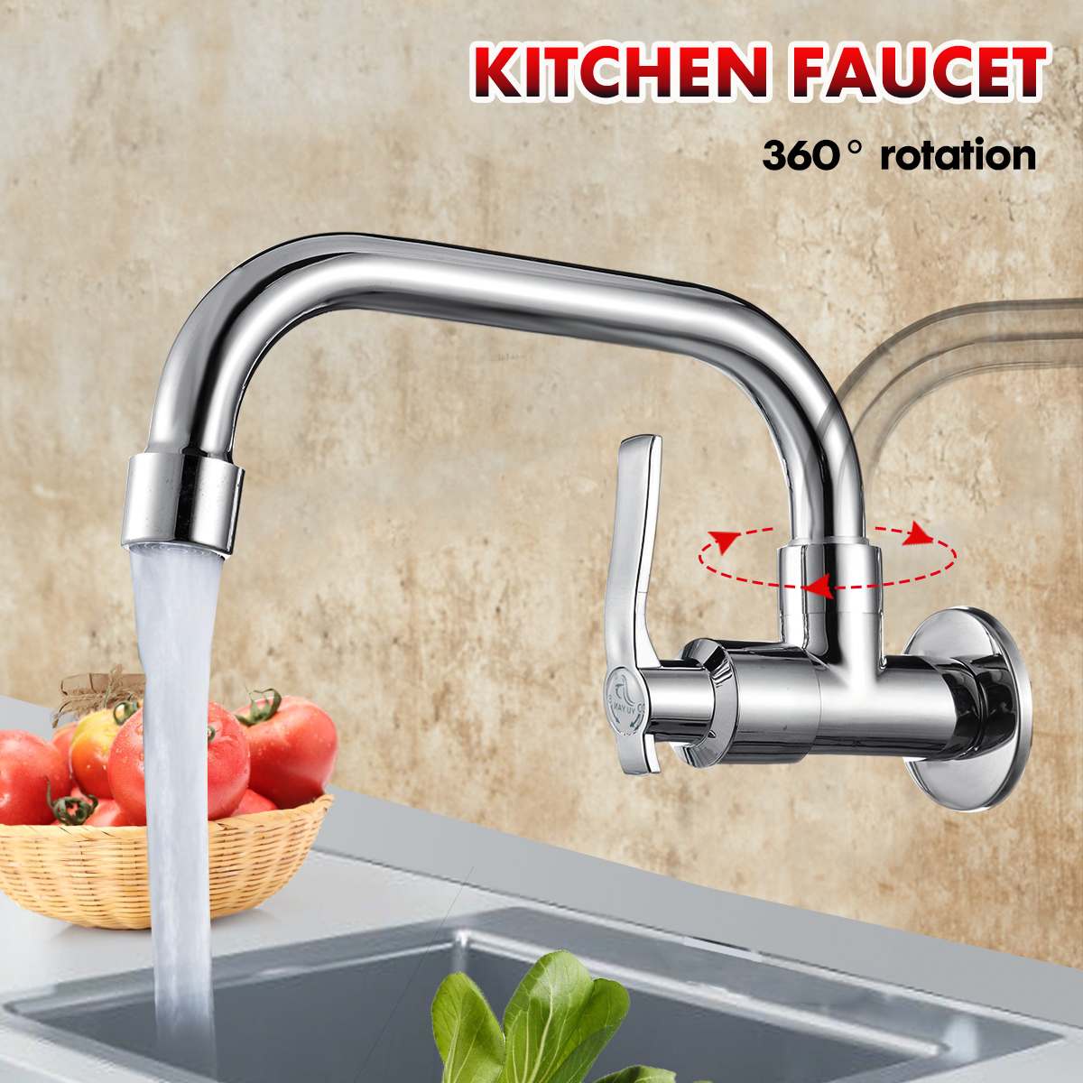 Copper Wall Mount Kitchen 360 Rotating 20cm Basin Sink Faucet Single Handle Cold Tap Basin Sink