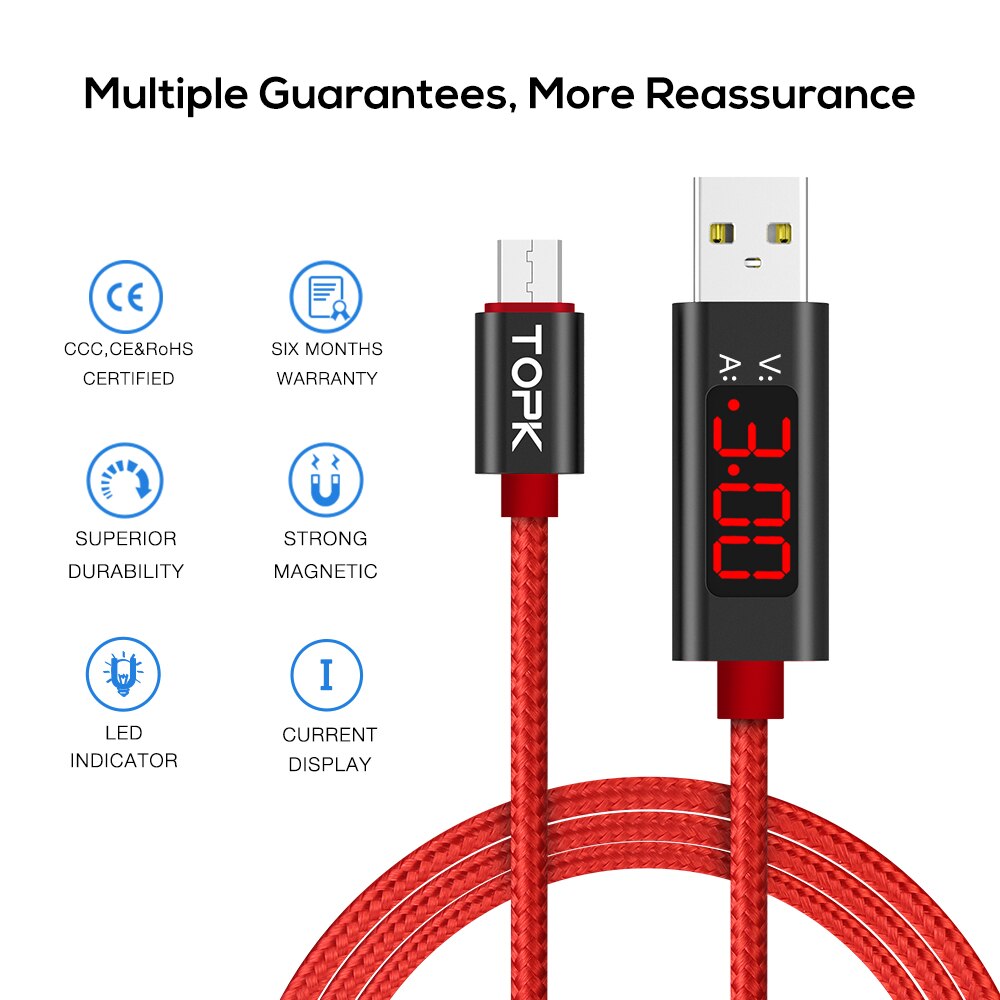 TOPK AC27 Micro USB Kabel 1M Spannung und Strom Display Nylon Geflochten Langlebige USB Ladekabel & Daten Sync
