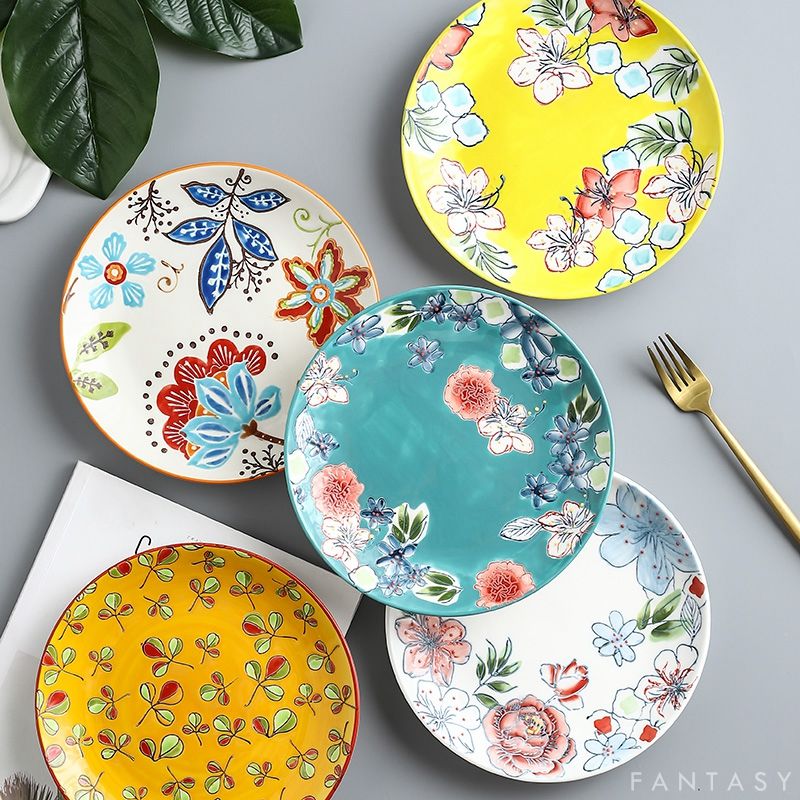 Foreign Trade Authentic Tableware Hand-Painted Relief Glazed Plate High-End Kitchen Plate Salad Steak Plate Sushi Plate