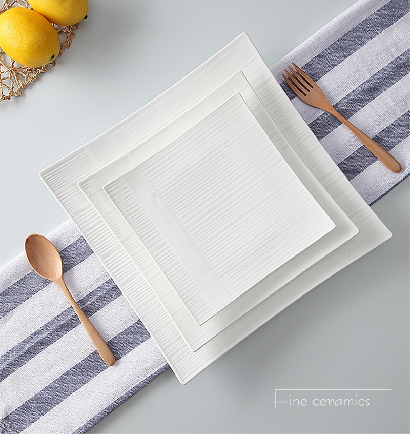 3pcs set, 6+8+10inch, plain white embossed porcelain charger plates for dinner, ceramic platter, square serving plate, salad